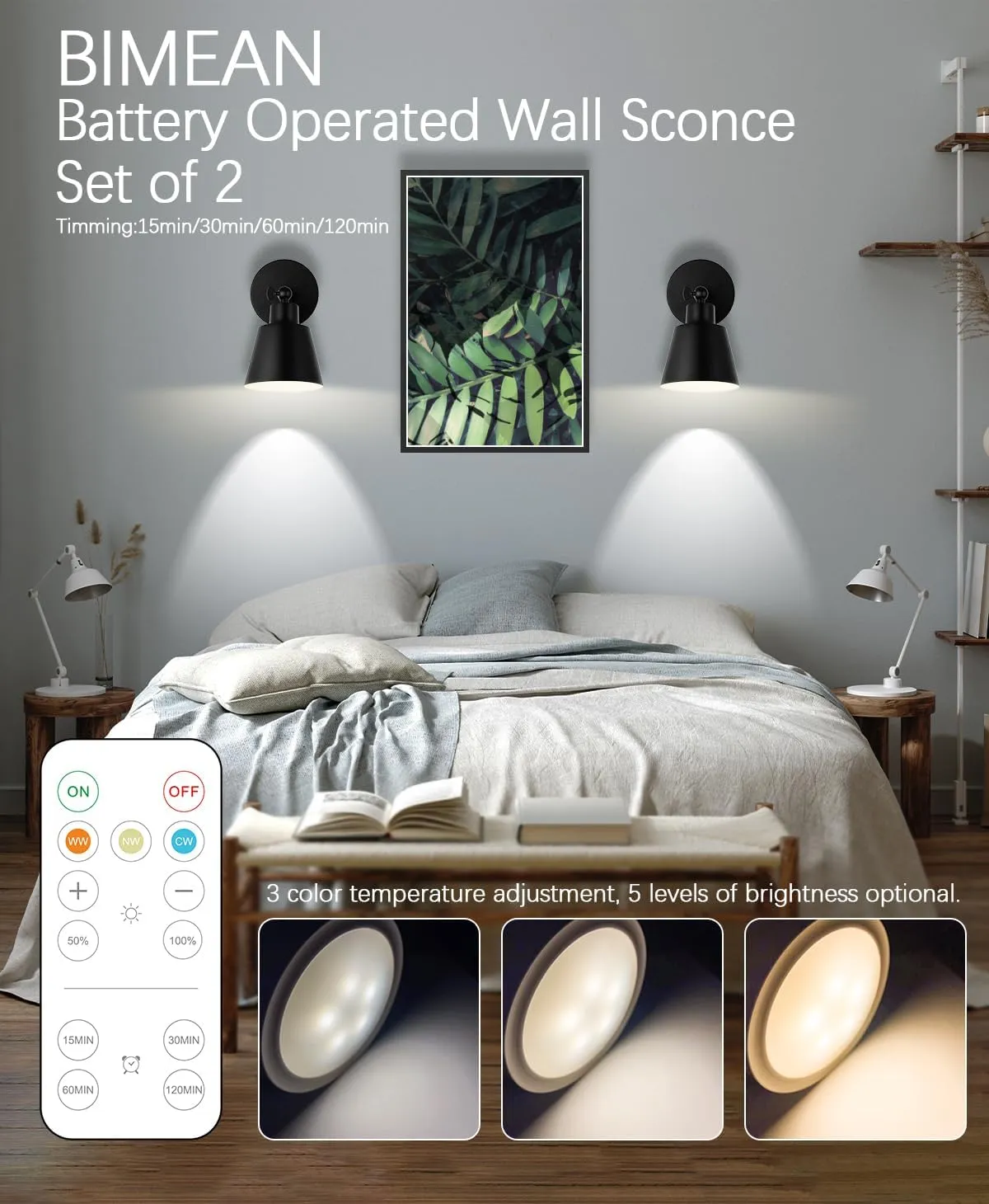 Black Battery Operated Wall Sconce Set of Two, Easy to Install Wireless Lights for Wall, Remote Control Dimmable LED Lights, Auto Timer Wall Lamp Fixtures for Bedroom, Gallery, Living Room, RV