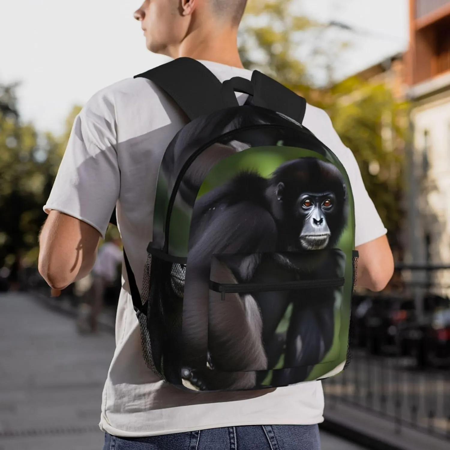 Black Gibbon Monkey Print Comfortable Backpack,Your Essential Casual Travel Bag For Outdoor Adventures