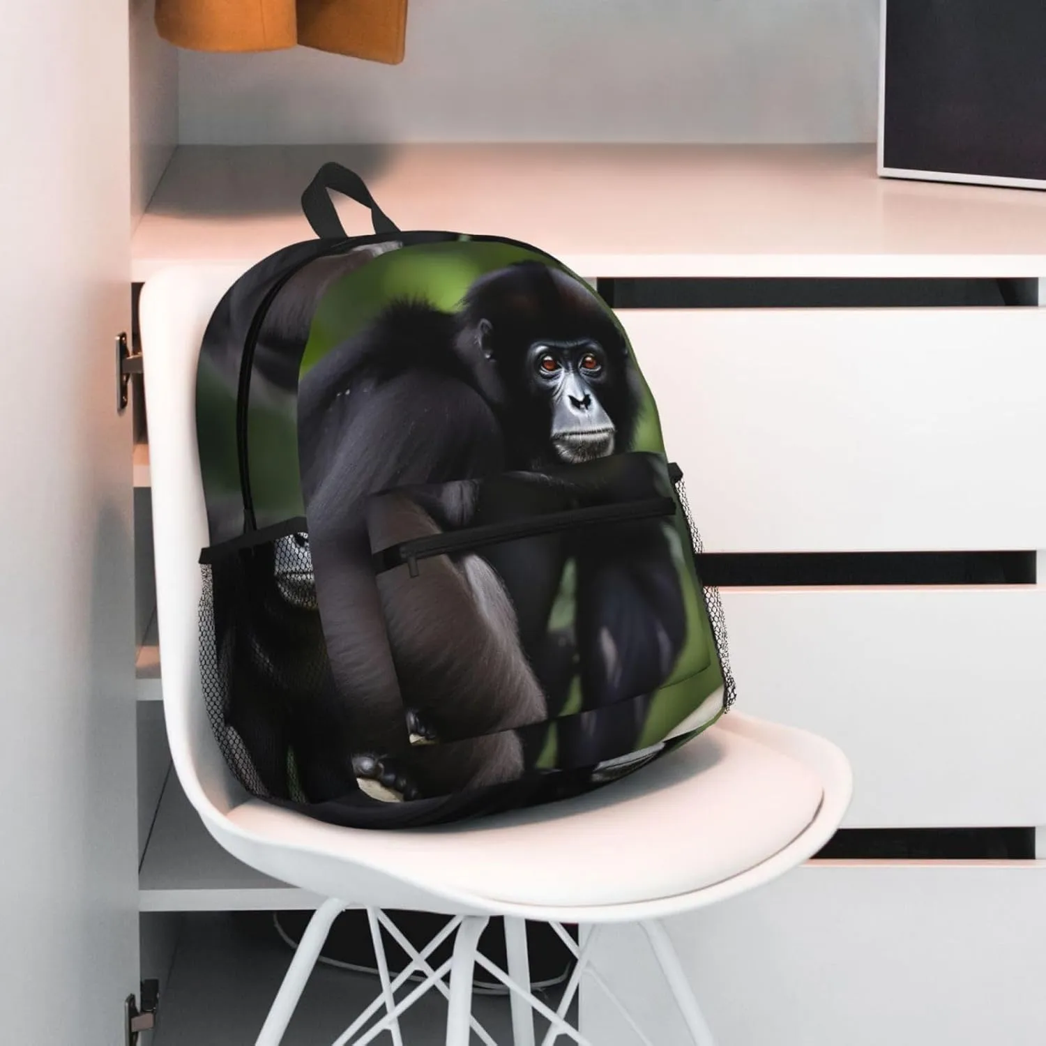 Black Gibbon Monkey Print Comfortable Backpack,Your Essential Casual Travel Bag For Outdoor Adventures