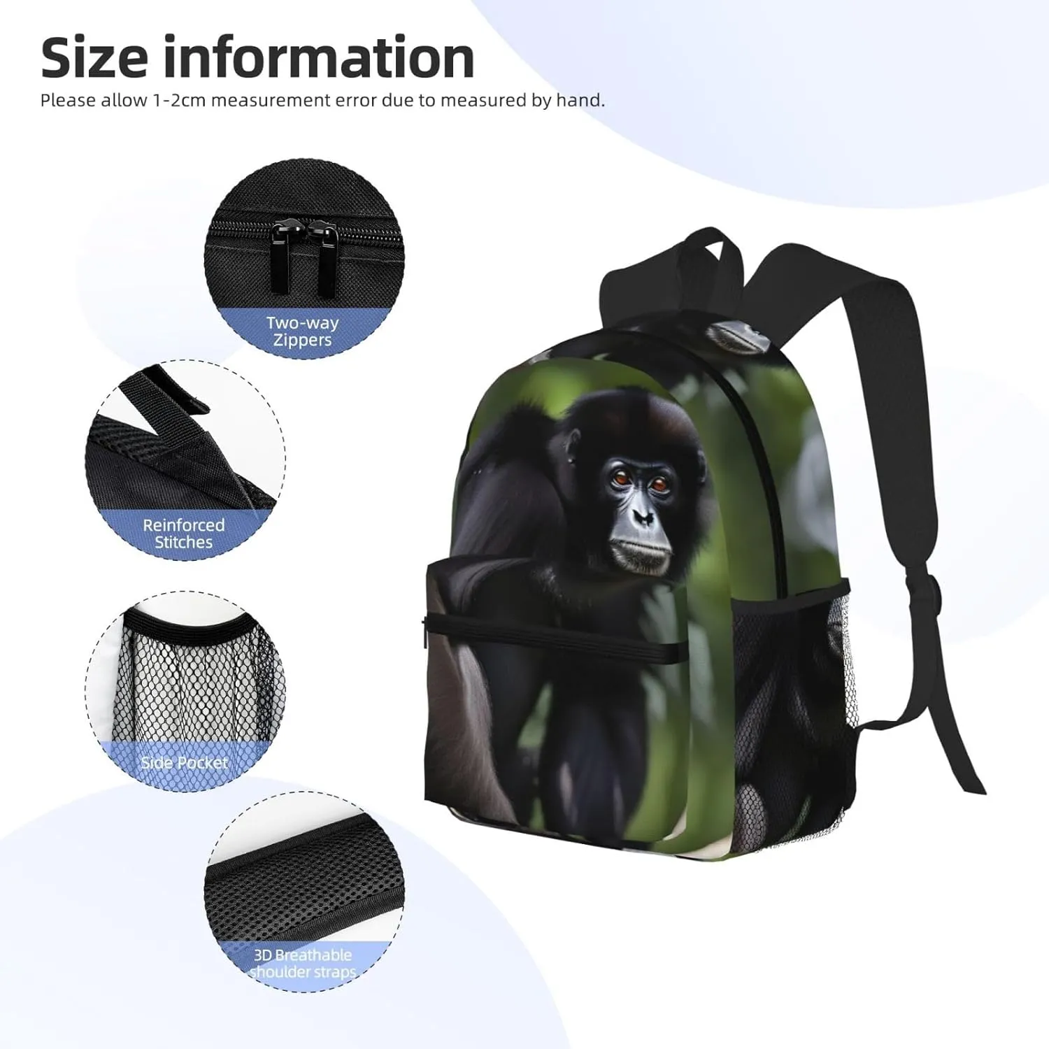 Black Gibbon Monkey Print Comfortable Backpack,Your Essential Casual Travel Bag For Outdoor Adventures