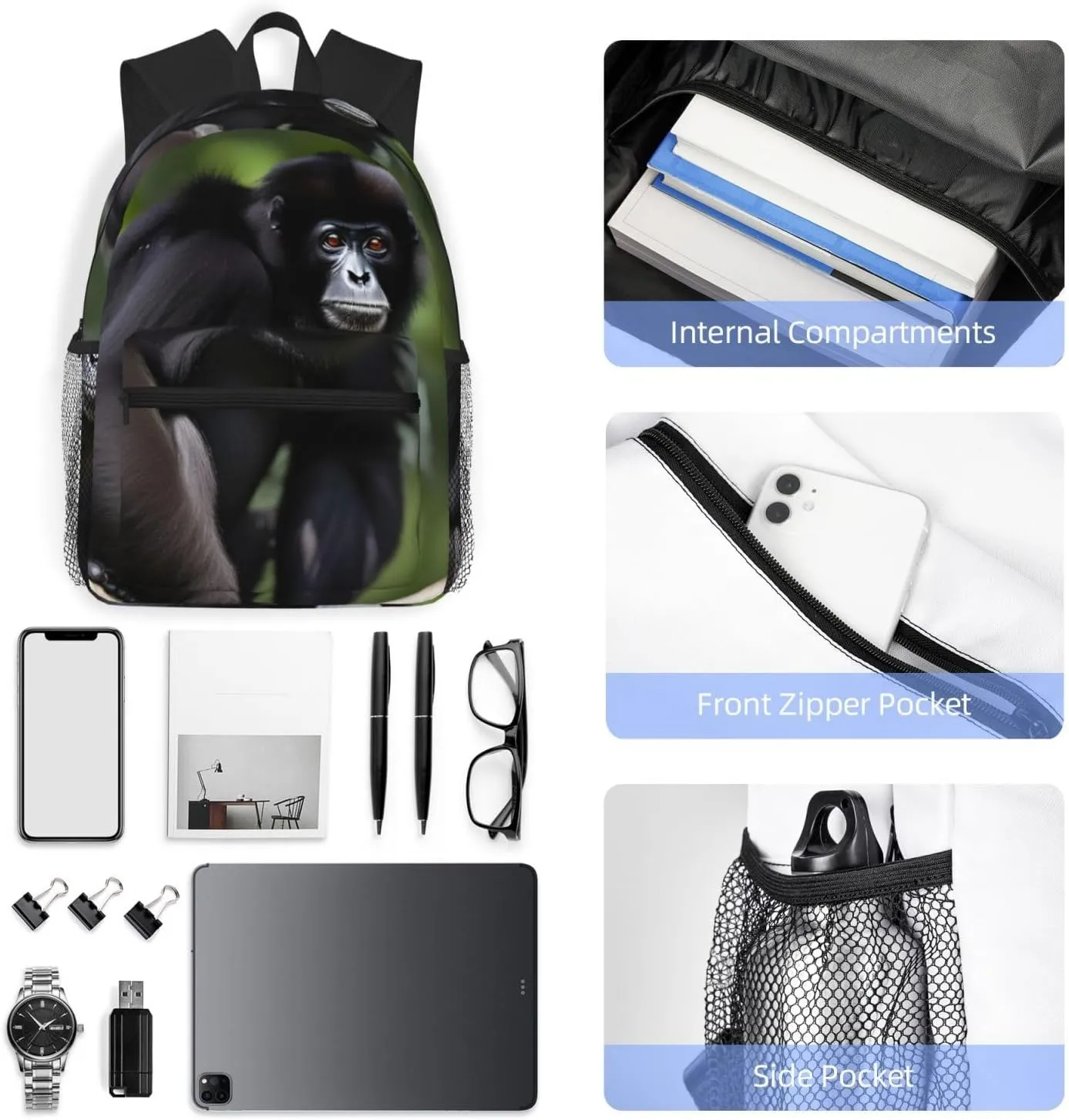 Black Gibbon Monkey Print Comfortable Backpack,Your Essential Casual Travel Bag For Outdoor Adventures