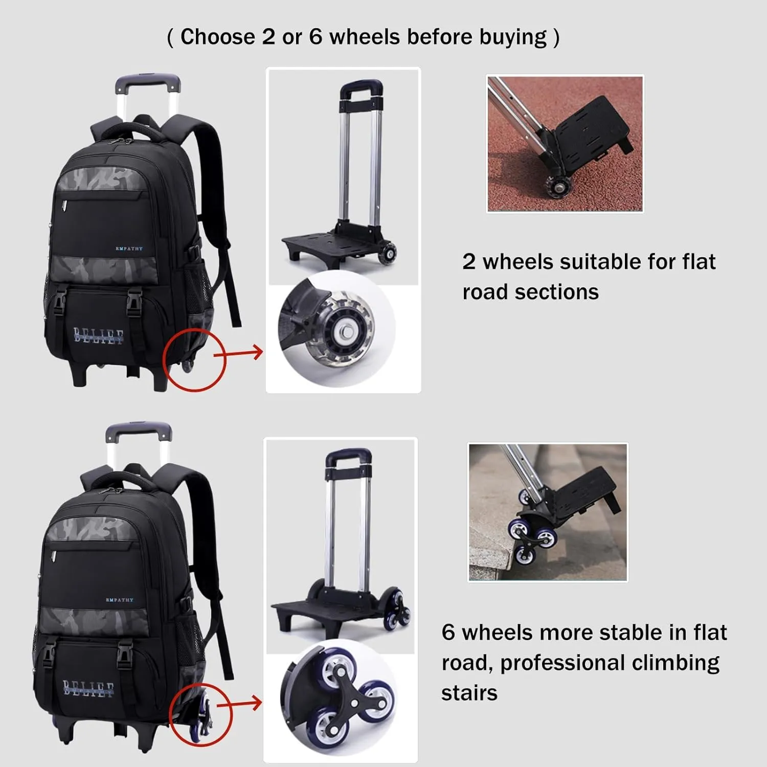 Black Rolling Backpack for Boys,Backpack with Wheels Boys Roller Trolley Bookbag Kids Wheeled School Back Pack