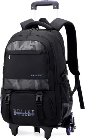 Black Rolling Backpack for Boys,Backpack with Wheels Boys Roller Trolley Bookbag Kids Wheeled School Back Pack