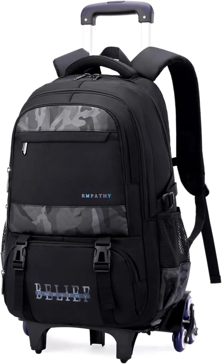 Black Rolling Backpack for Boys,Backpack with Wheels Boys Roller Trolley Bookbag Kids Wheeled School Back Pack