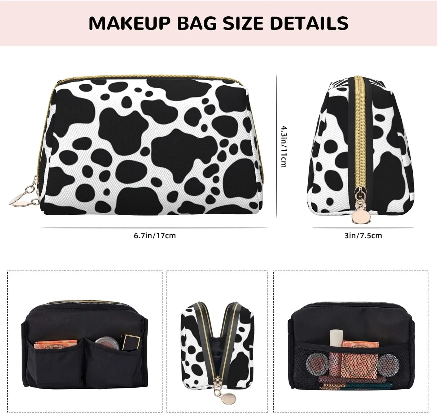Black White Cow Toiletry Pouch, Travel-Friendly Makeup Organizer For Makeup Brushes, Lipsticks