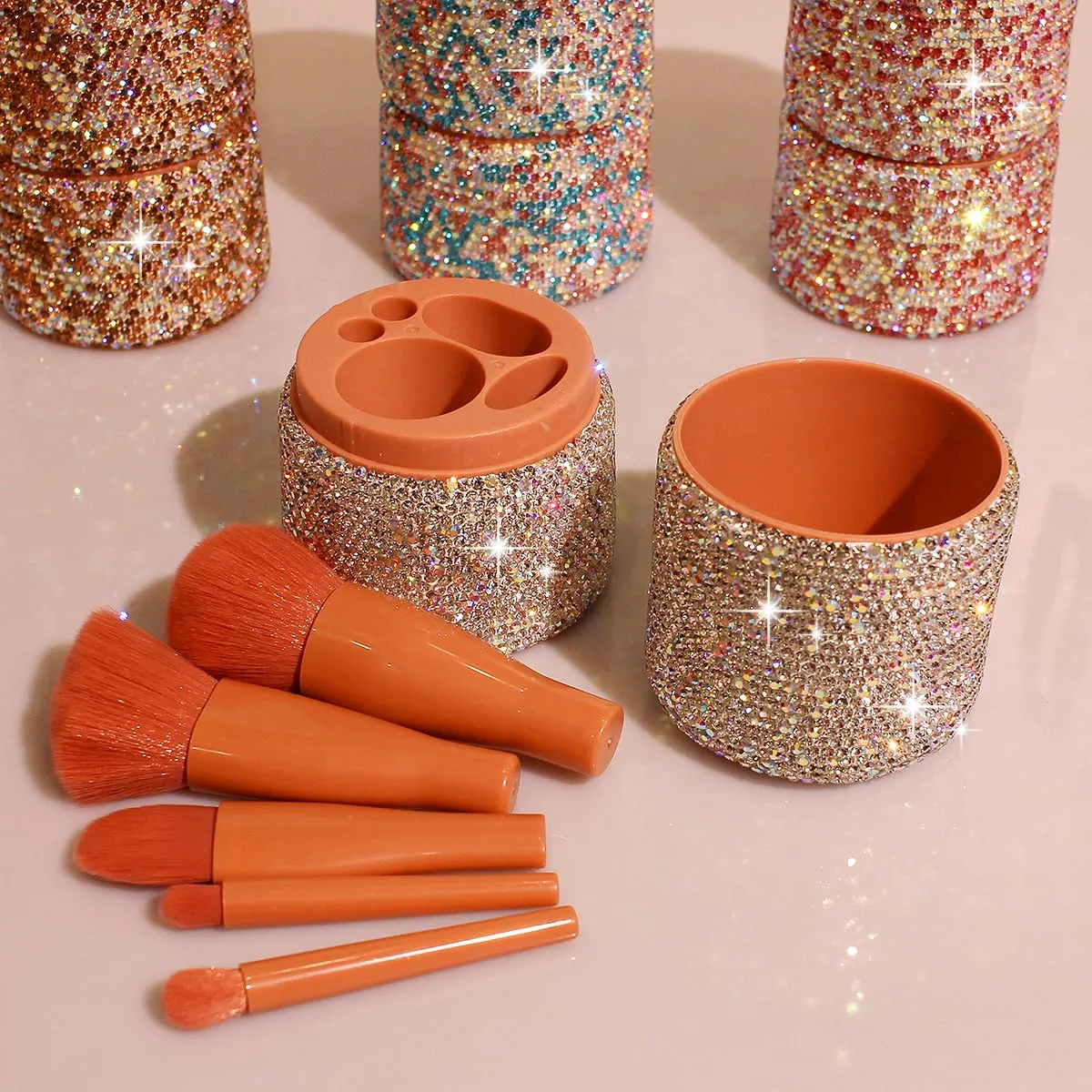 Bling Sparkling rhinestone Five-Piece Makeup Brush Set-Complete Beauty Tool Kit for Flawless Makeup Application (Pink)