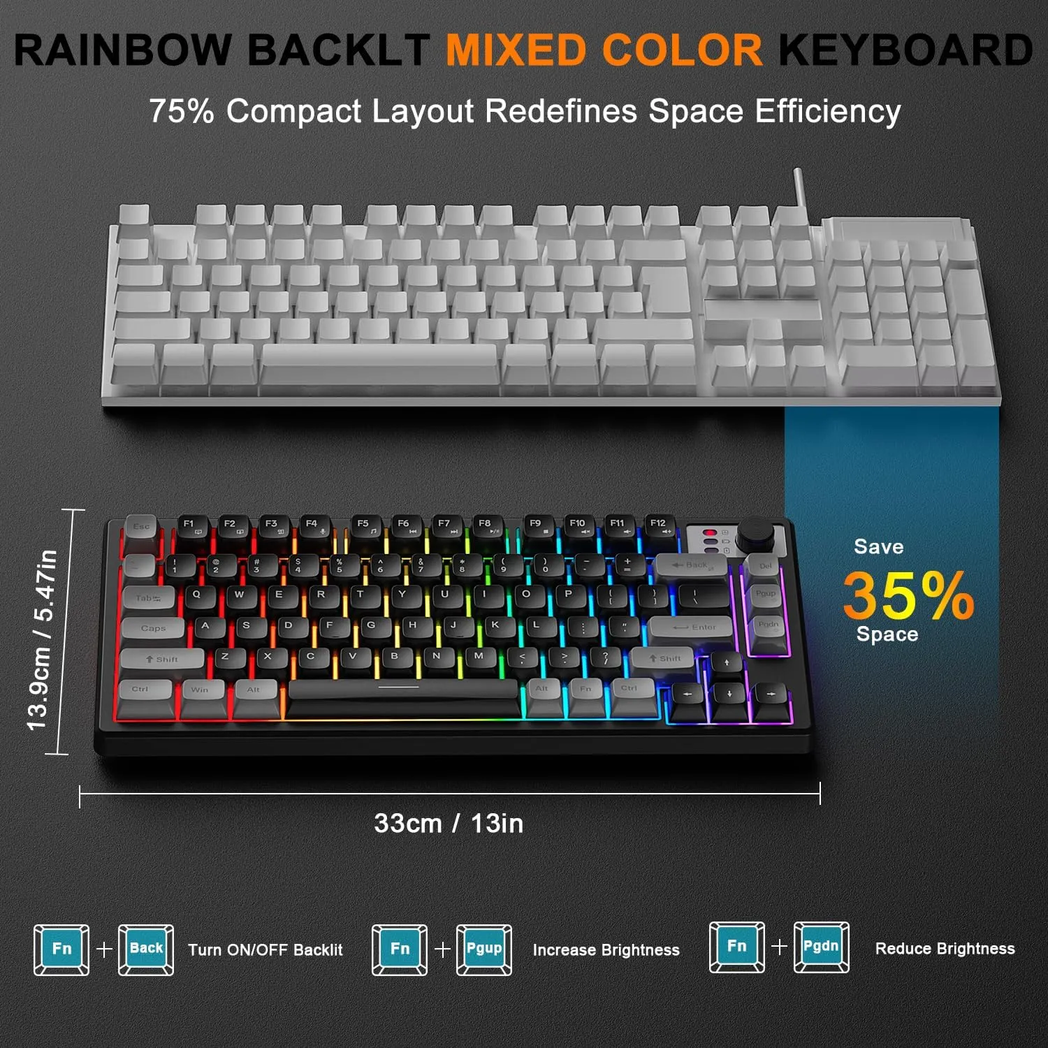 BlueFinger 75% Wireless Gaming Keyboard and Mouse with Smart Display, Rechargeable Light Up Wireless Keyboard with Knob Control, RGB Backlit Gaming Mouse for Mac Laptop Computer PC Gamer(Black)