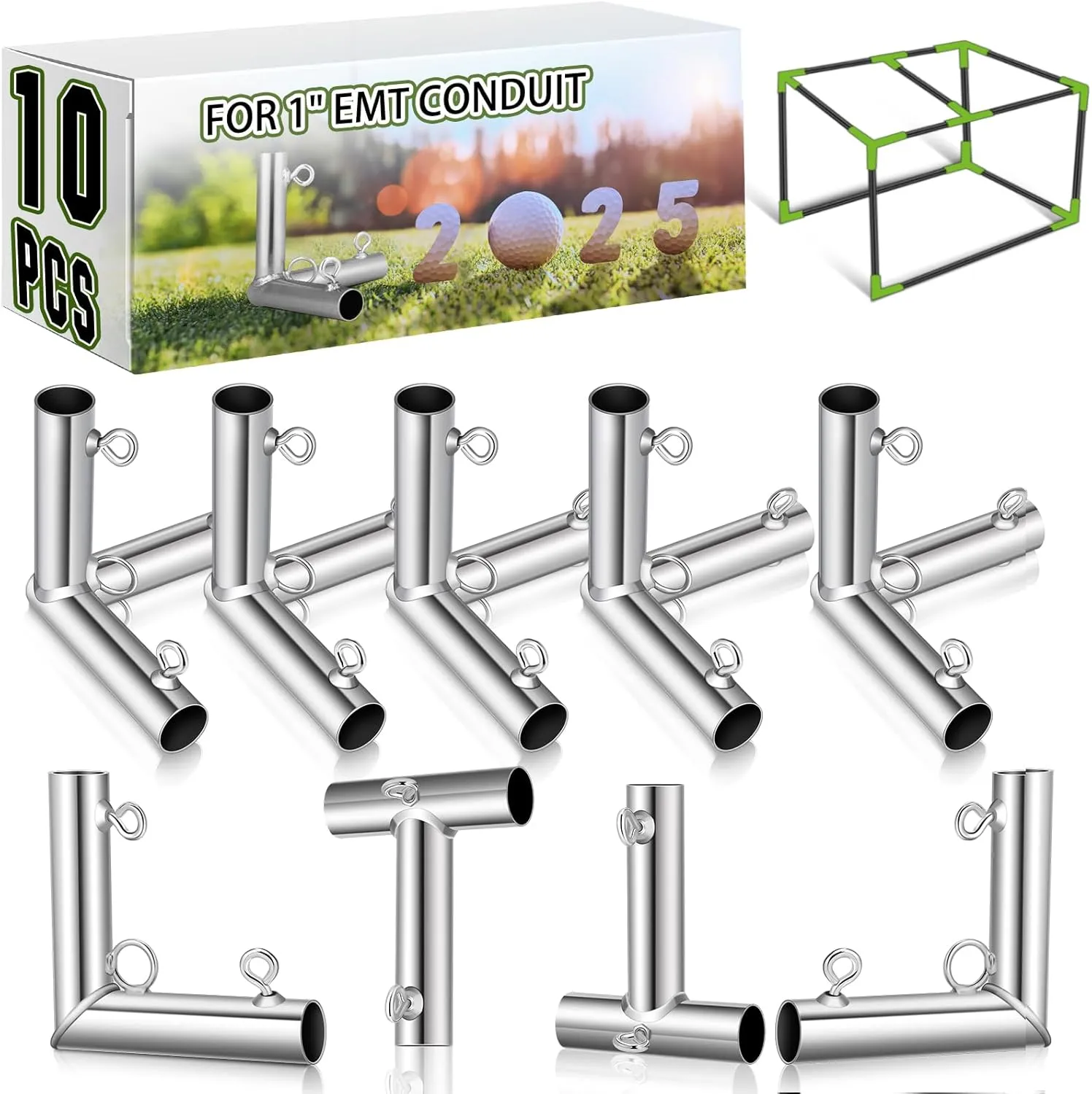 Blulu 10 Pieces 1'' Golf Frame Corner Kit Canopy Fittings with Threaded Eye Bolts for EMT Conduit 10' L x 10' W x 10' H DIY Golf Practice Cage Nets Backyard Indoor Outdoor Home, Silver