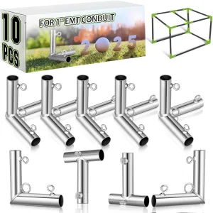 Blulu 10 Pieces 1'' Golf Frame Corner Kit Canopy Fittings with Threaded Eye Bolts for EMT Conduit 10' L x 10' W x 10' H DIY Golf Practice Cage Nets Backyard Indoor Outdoor Home, Silver