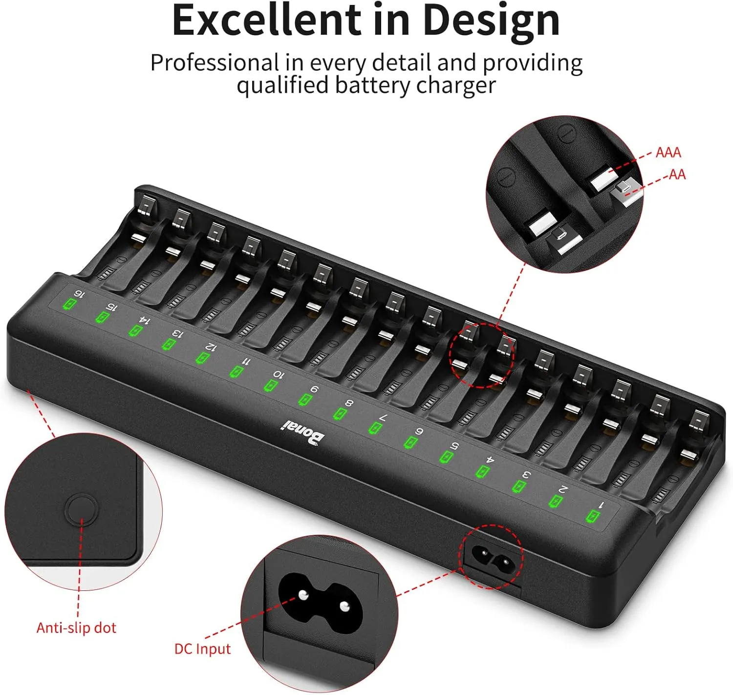 BONAI AA AAA Battery Charger 16 Bay for NiMH NiCD Rechargeable Batteries Independent Control with LED Light and Standard American AC Charging Plug, Battery not Included - Black