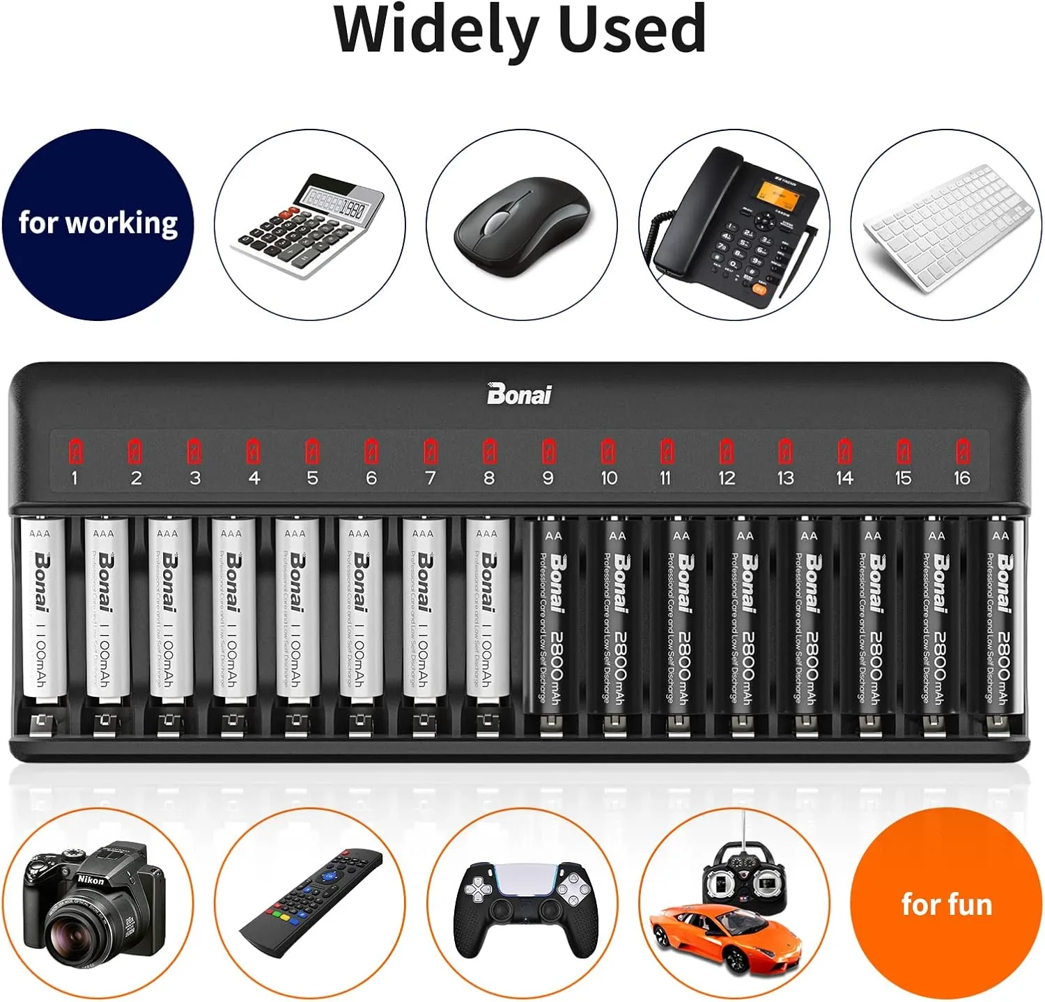 BONAI AA AAA Battery Charger 16 Bay for NiMH NiCD Rechargeable Batteries Independent Control with LED Light and Standard American AC Charging Plug, Battery not Included - Black