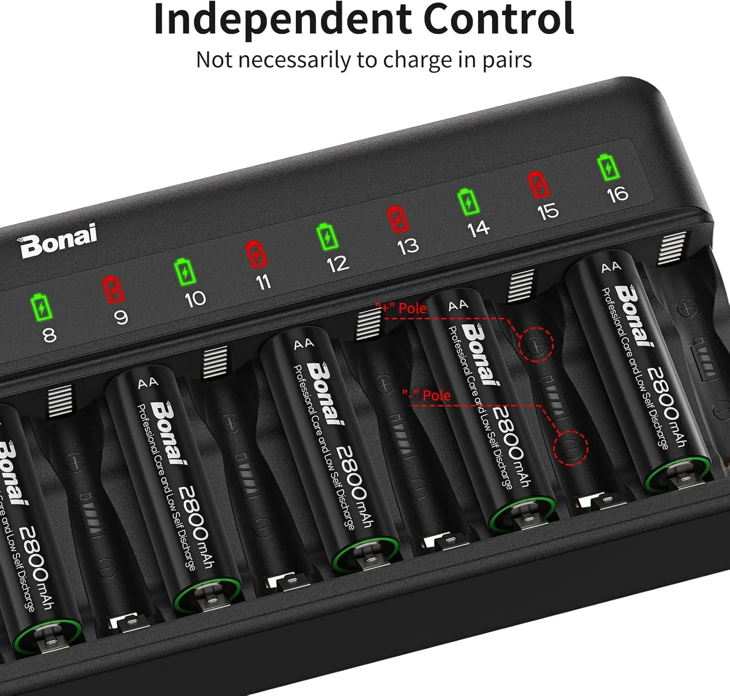 BONAI AA AAA Battery Charger 16 Bay for NiMH NiCD Rechargeable Batteries Independent Control with LED Light and Standard American AC Charging Plug, Battery not Included - Black