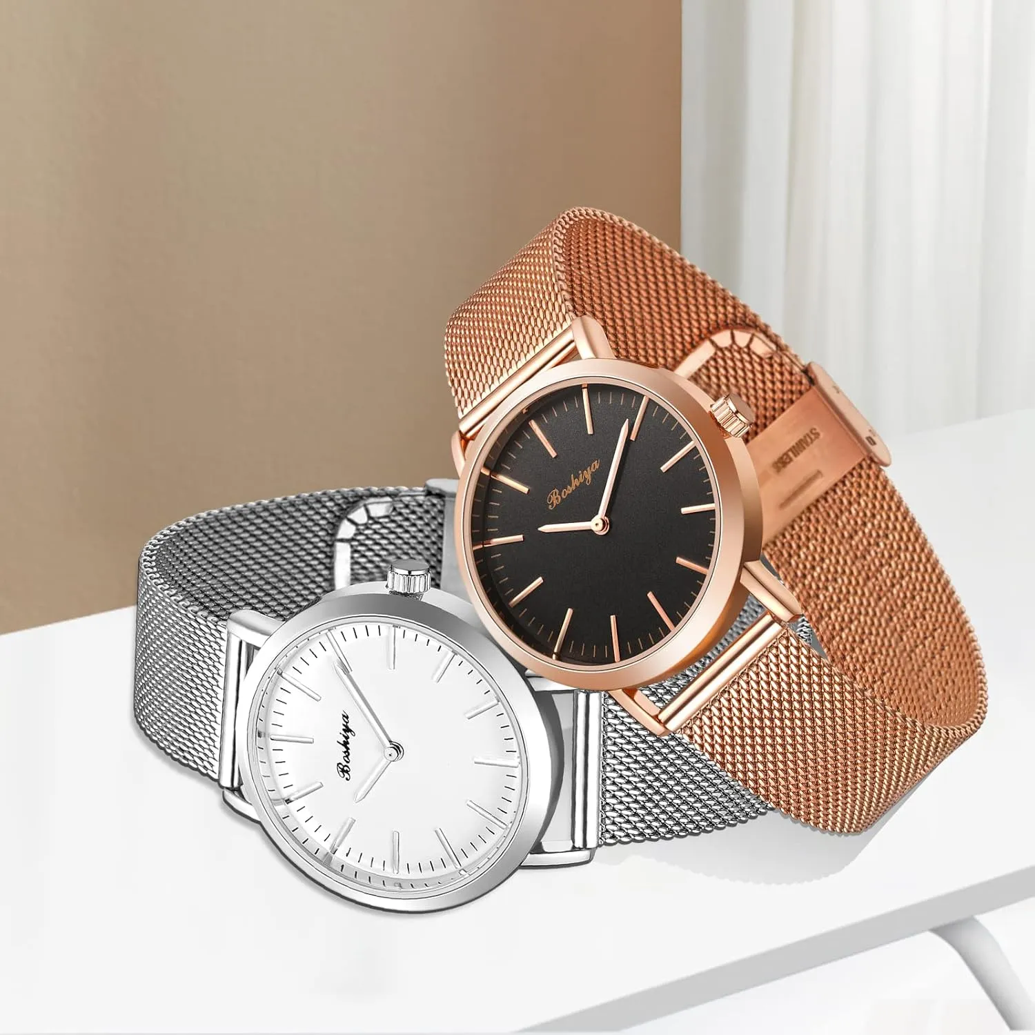 BOSHIYA Watches for Women Easy Reader 30mm Stainless Steel Expansion Band Sliver Gold Ladies Small Wrist Watch…
