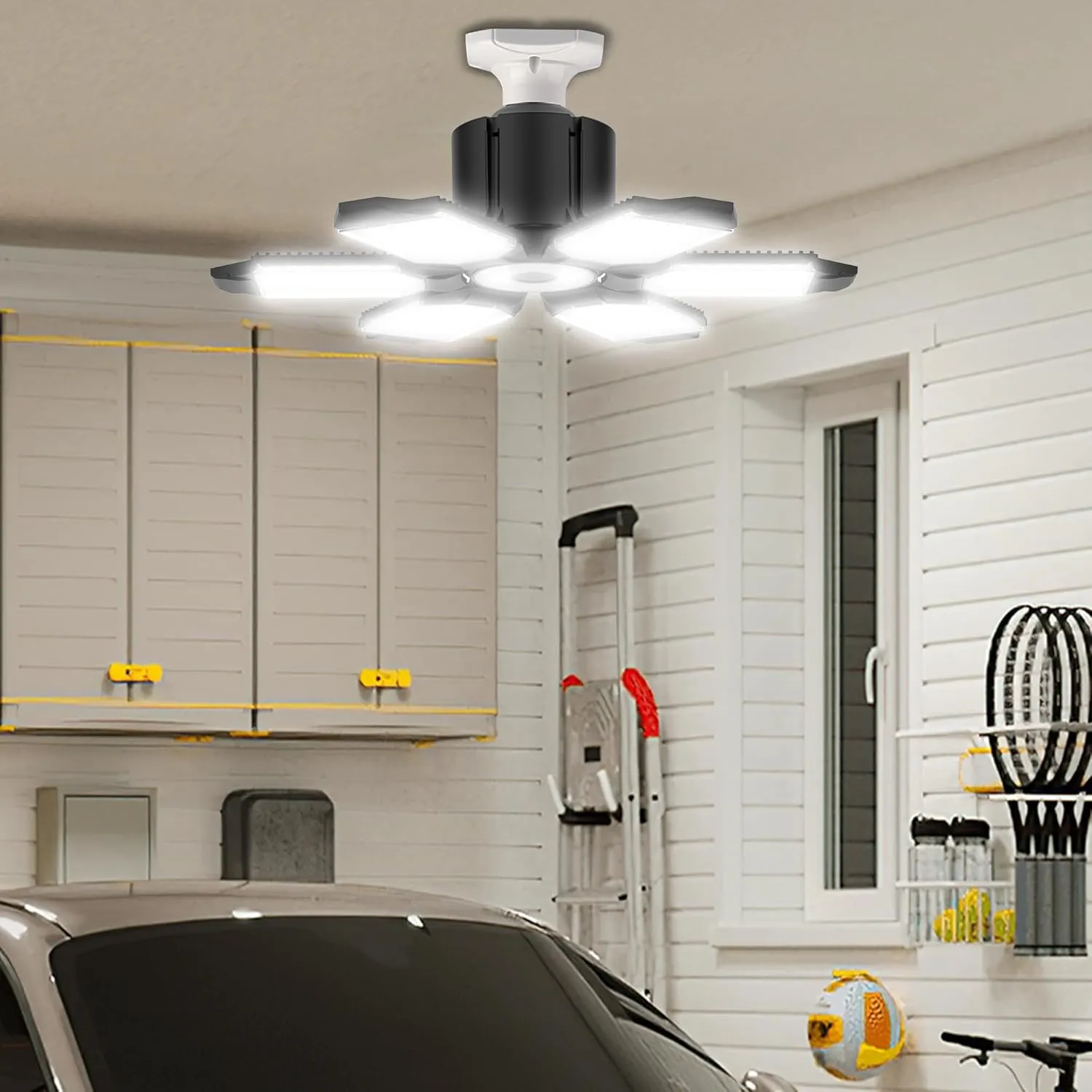 BRAINIAC LED Garage Light Bulbs 100W with 6 Adjustable Panels, E26/E27 Screw in Deformable Garage Ceiling Light Led for Warehouse Corridor Stadium