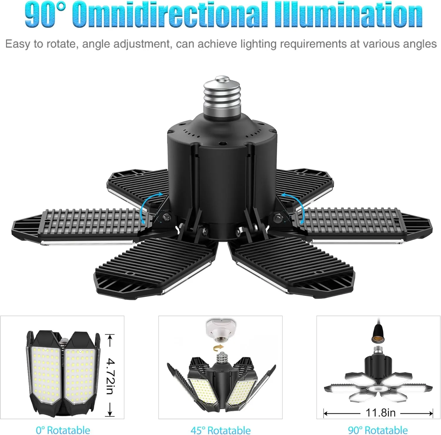 BRAINIAC LED Garage Light Bulbs 100W with 6 Adjustable Panels, E26/E27 Screw in Deformable Garage Ceiling Light Led for Warehouse Corridor Stadium