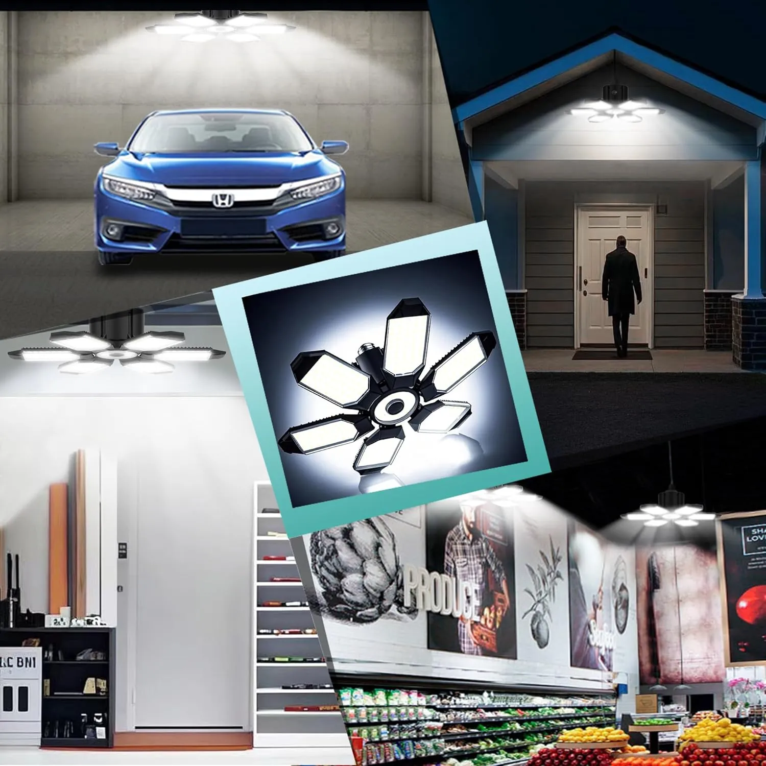 BRAINIAC LED Garage Light Bulbs 100W with 6 Adjustable Panels, E26/E27 Screw in Deformable Garage Ceiling Light Led for Warehouse Corridor Stadium