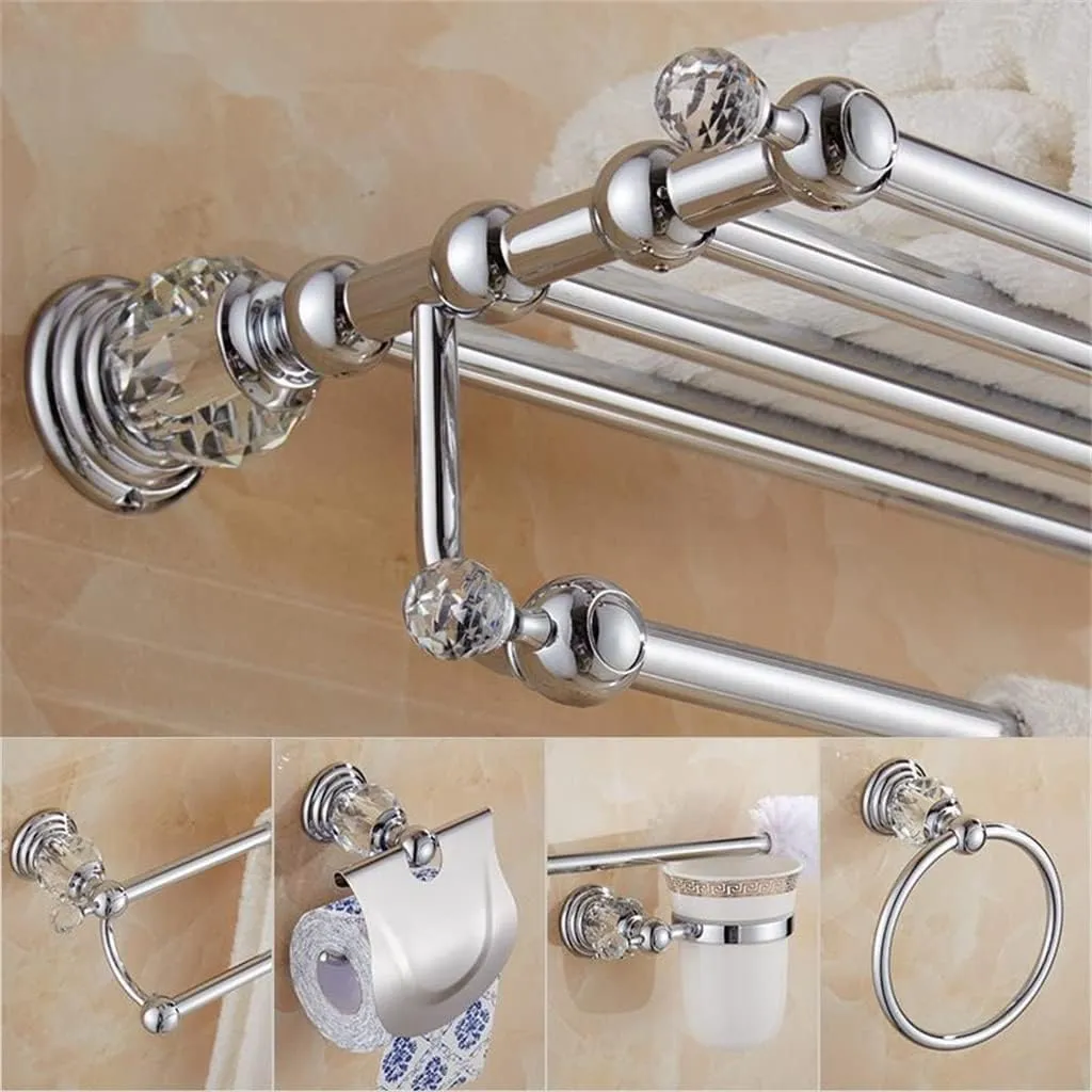 Brass Shower Rack Toilet Paper Holder Silver Crystal Wall Mount Towel Bar Toilet Brush Holder Bathroom Hardware Accessories Set!(D)