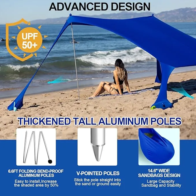 Buheco Beach Tent Pop Up Shade 10x10ft Beach Canopy Sun Shelter UPF50  with 4 Foldable Poles-Portable Carrying Bag-Sand Shovel-Ground Pegs-Windproof Ropes for Outdoor Family Camping-Fishing- Picnic
