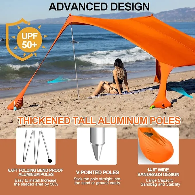 Buheco Beach Tent Pop Up Shade 10x10ft Beach Canopy Sun Shelter UPF50  with 4 Foldable Poles-Portable Carrying Bag-Sand Shovel-Ground Pegs-Windproof Ropes for Outdoor Family Camping-Fishing- Picnic