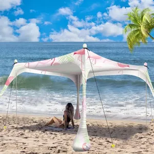 Buheco Beach Tent Pop Up Shade 10x10ft Beach Canopy Sun Shelter UPF50  with 4 Foldable Poles-Portable Carrying Bag-Sand Shovel-Ground Pegs-Windproof Ropes for Outdoor Family Camping-Fishing- Picnic