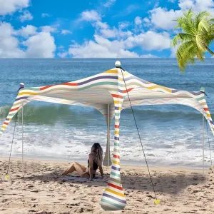 Buheco Beach Tent Pop Up Shade 10x10ft Beach Canopy Sun Shelter UPF50  with 4 Foldable Poles-Portable Carrying Bag-Sand Shovel-Ground Pegs-Windproof Ropes for Outdoor Family Camping-Fishing- Picnic
