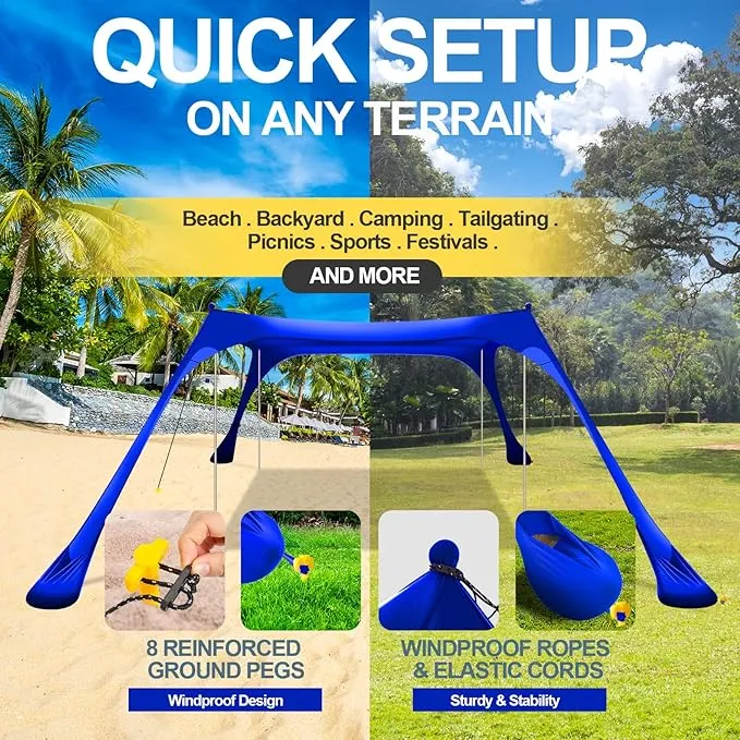 Buheco Beach Tent Pop Up Shade 10x10ft Beach Canopy Sun Shelter UPF50  with 4 Foldable Poles-Portable Carrying Bag-Sand Shovel-Ground Pegs-Windproof Ropes for Outdoor Family Camping-Fishing- Picnic