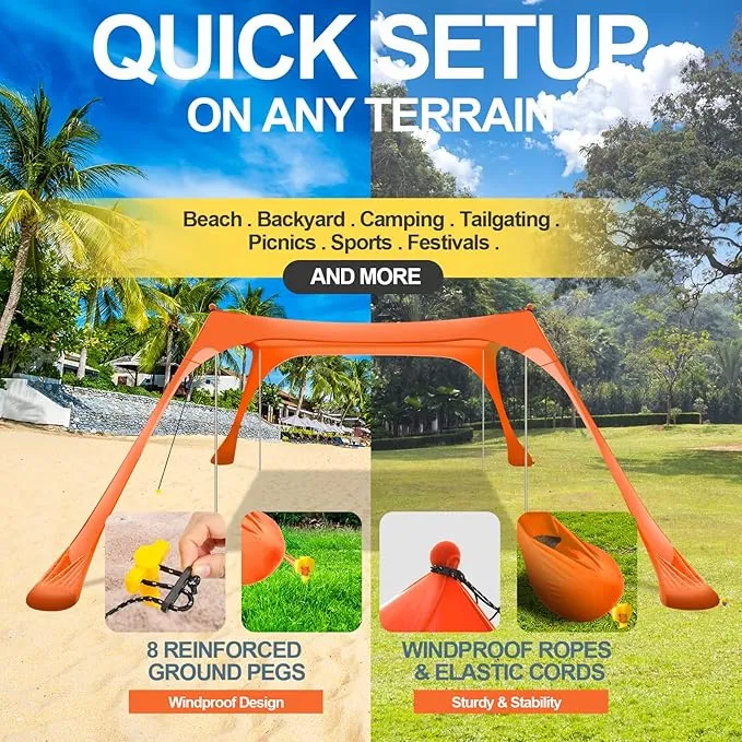 Buheco Beach Tent Pop Up Shade 10x10ft Beach Canopy Sun Shelter UPF50  with 4 Foldable Poles-Portable Carrying Bag-Sand Shovel-Ground Pegs-Windproof Ropes for Outdoor Family Camping-Fishing- Picnic