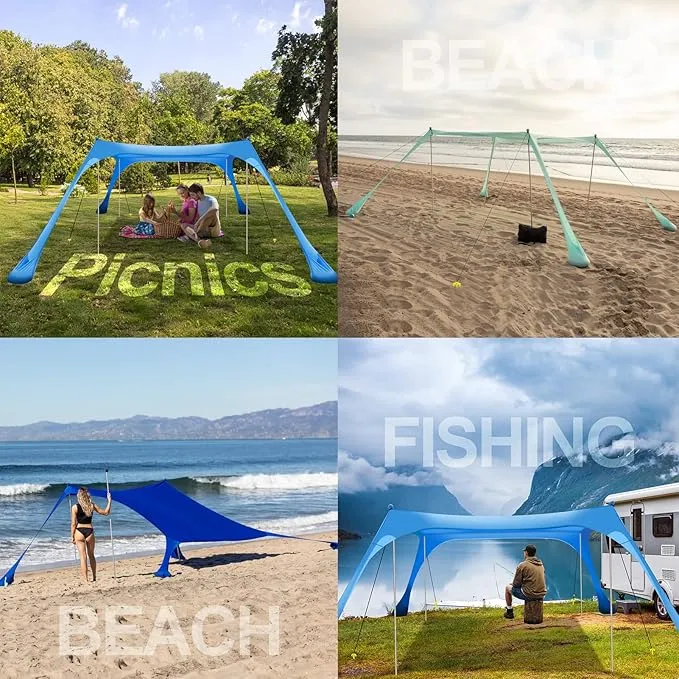 Buheco Beach Tent Pop Up Shade 10x10ft Beach Canopy Sun Shelter UPF50  with 4 Foldable Poles-Portable Carrying Bag-Sand Shovel-Ground Pegs-Windproof Ropes for Outdoor Family Camping-Fishing- Picnic