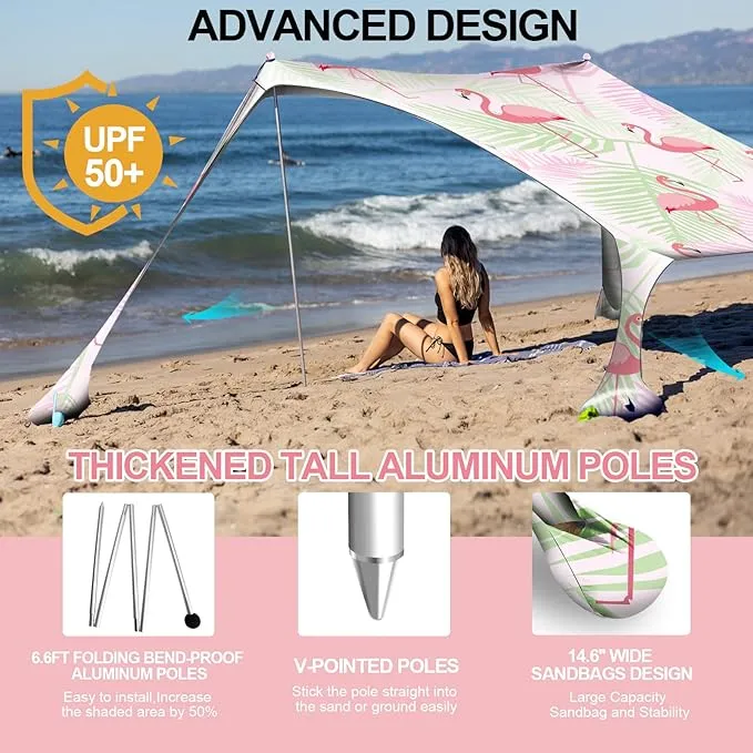 Buheco Beach Tent Pop Up Shade 10x10ft Beach Canopy Sun Shelter UPF50  with 4 Foldable Poles-Portable Carrying Bag-Sand Shovel-Ground Pegs-Windproof Ropes for Outdoor Family Camping-Fishing- Picnic