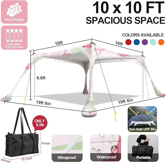 Buheco Beach Tent Pop Up Shade 10x10ft Beach Canopy Sun Shelter UPF50  with 4 Foldable Poles-Portable Carrying Bag-Sand Shovel-Ground Pegs-Windproof Ropes for Outdoor Family Camping-Fishing- Picnic
