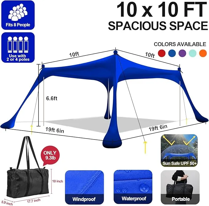Buheco Beach Tent Pop Up Shade 10x10ft Beach Canopy Sun Shelter UPF50  with 4 Foldable Poles-Portable Carrying Bag-Sand Shovel-Ground Pegs-Windproof Ropes for Outdoor Family Camping-Fishing- Picnic