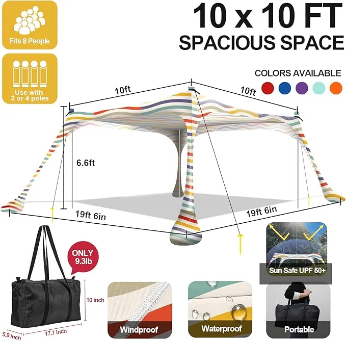 Buheco Beach Tent Pop Up Shade 10x10ft Beach Canopy Sun Shelter UPF50  with 4 Foldable Poles-Portable Carrying Bag-Sand Shovel-Ground Pegs-Windproof Ropes for Outdoor Family Camping-Fishing- Picnic