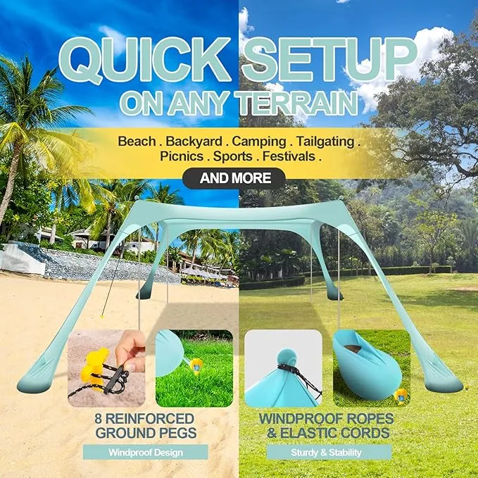 Buheco Beach Tent Pop Up Shade 10x10ft Beach Canopy Sun Shelter UPF50  with 4 Foldable Poles-Portable Carrying Bag-Sand Shovel-Ground Pegs-Windproof Ropes for Outdoor Family Camping-Fishing- Picnic