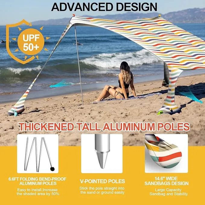 Buheco Beach Tent Pop Up Shade 10x10ft Beach Canopy Sun Shelter UPF50  with 4 Foldable Poles-Portable Carrying Bag-Sand Shovel-Ground Pegs-Windproof Ropes for Outdoor Family Camping-Fishing- Picnic