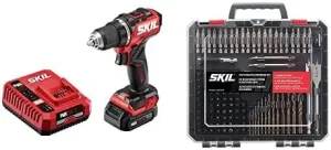 Bundle of SKIL Brushless 12V 1/2 In. Compact Drill Driver Kit Includes 2.0Ah Battery and PWR JUMP Charger - DL6290A-10   SKIL 120pc Drilling and Screw Driving Bit Set with Bit Grip - SMXS8501
