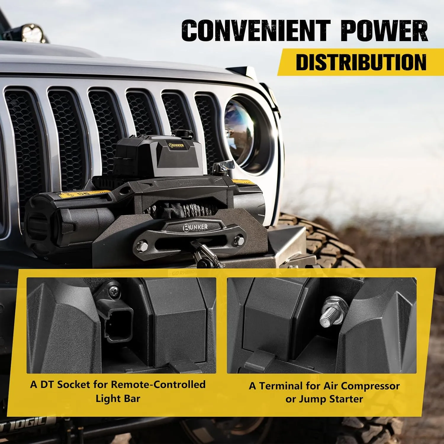 BUNKER INDUST 13000lb Electric Winch 12V Waterproof with Synthetic Rope Fairlead for Truck SUV,DT Socket and a Terminal in Control Box Ready for Added Appliances,Wire and Wireless Remote Control