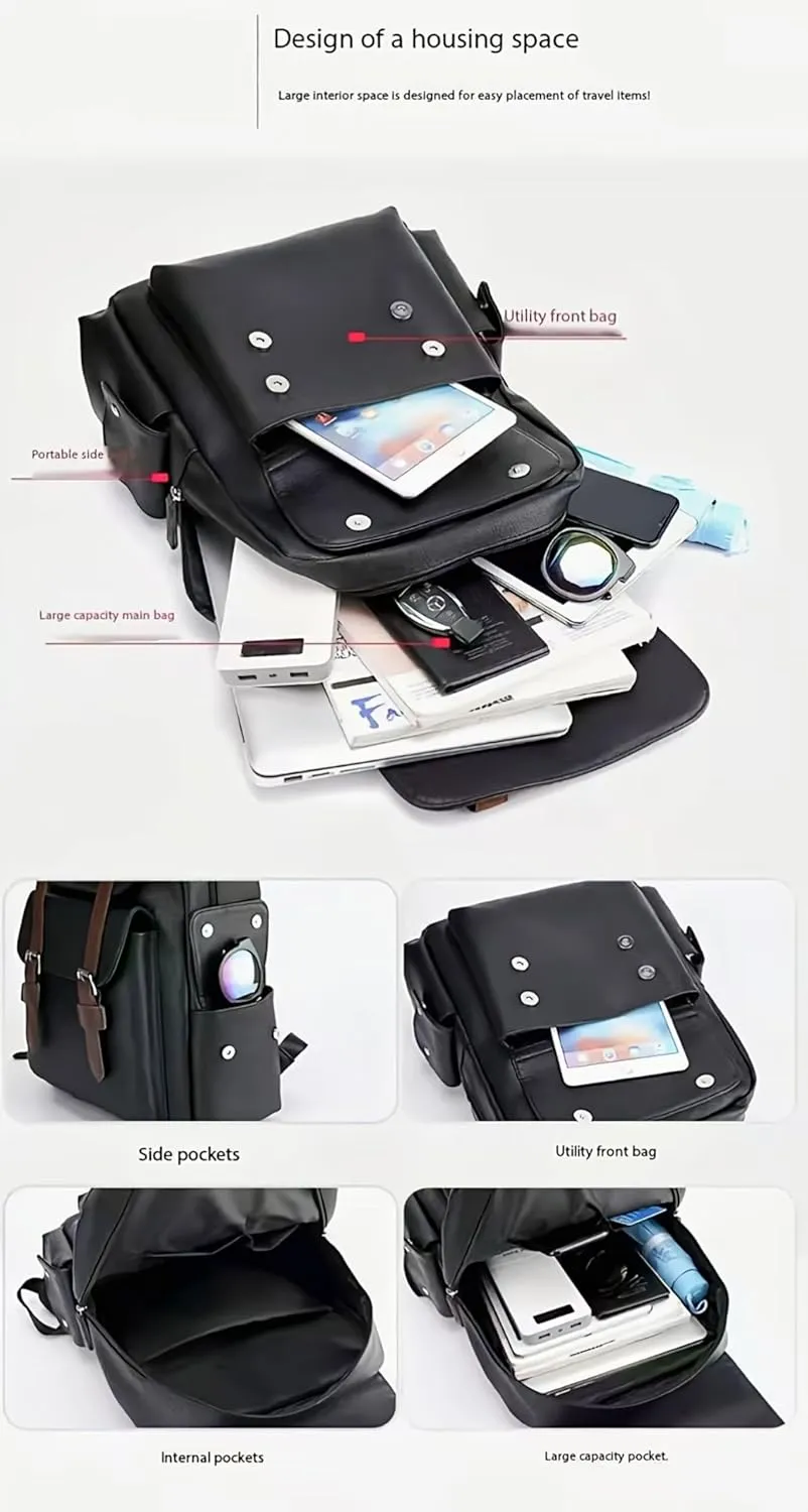 Business Men and Women PU Leather Backpack 15.6inch Laptop Waterproof Backpack Travel Commuter Lightweight schoolbag (Brown backpack8,Medium)