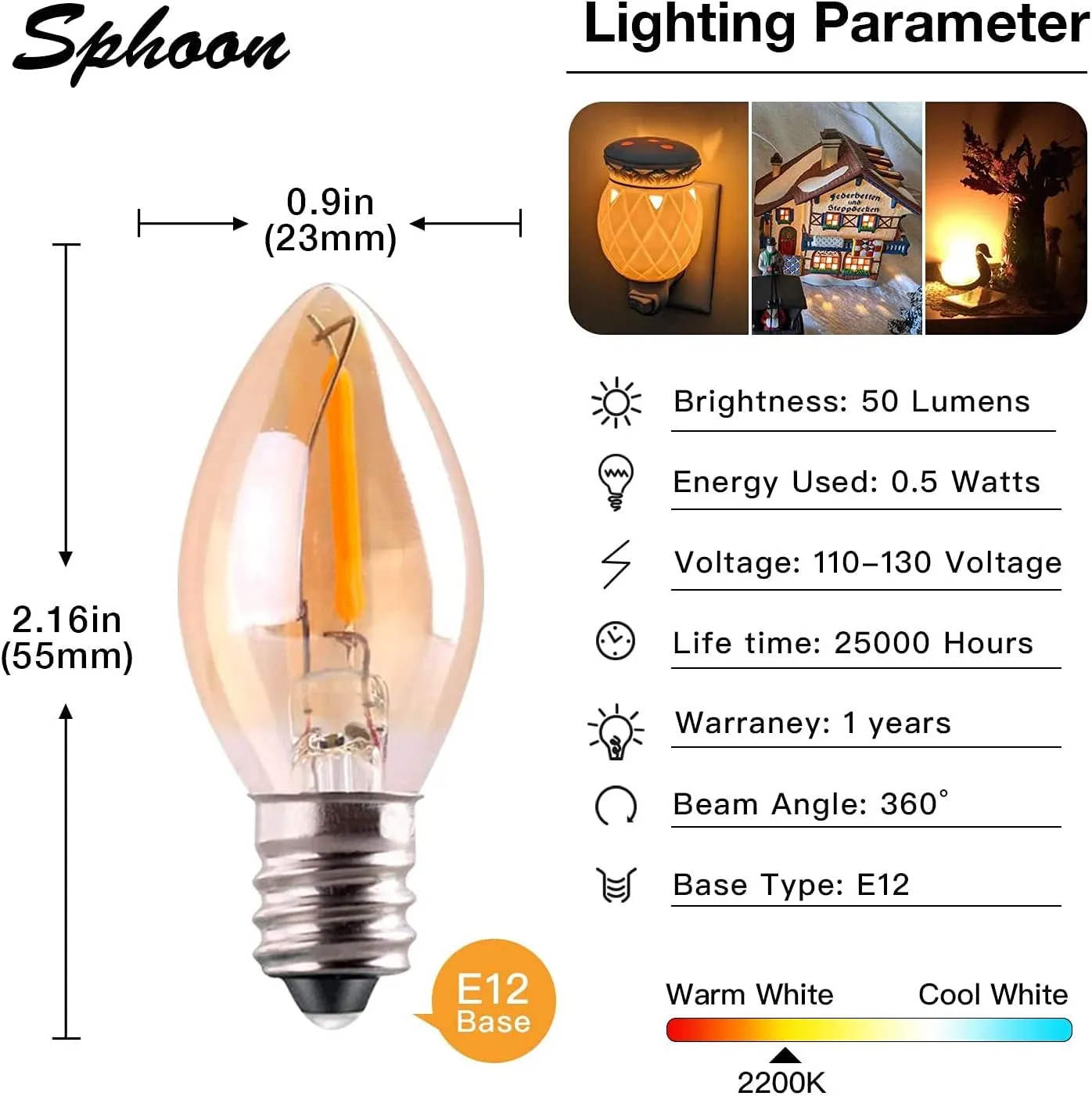 C7 LED Nignt Light Bulb,Classical Edison Style E12 Candle Base, 0.5 Watt LED Filament Bulb, Sign Light Replacement Bulb,5 Watts Equivalent, Ultra Warm White 2200K Amber Glass 25PCS