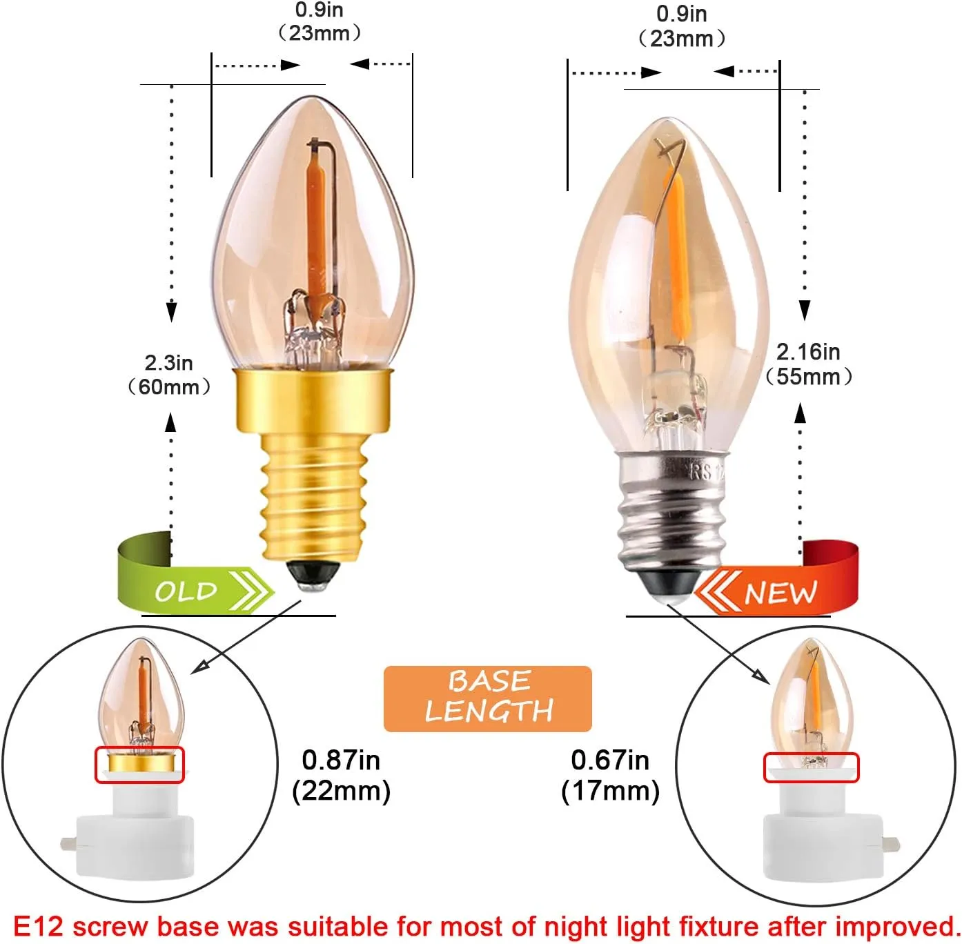 C7 LED Nignt Light Bulb,Classical Edison Style E12 Candle Base, 0.5 Watt LED Filament Bulb, Sign Light Replacement Bulb,5 Watts Equivalent, Ultra Warm White 2200K Amber Glass 25PCS