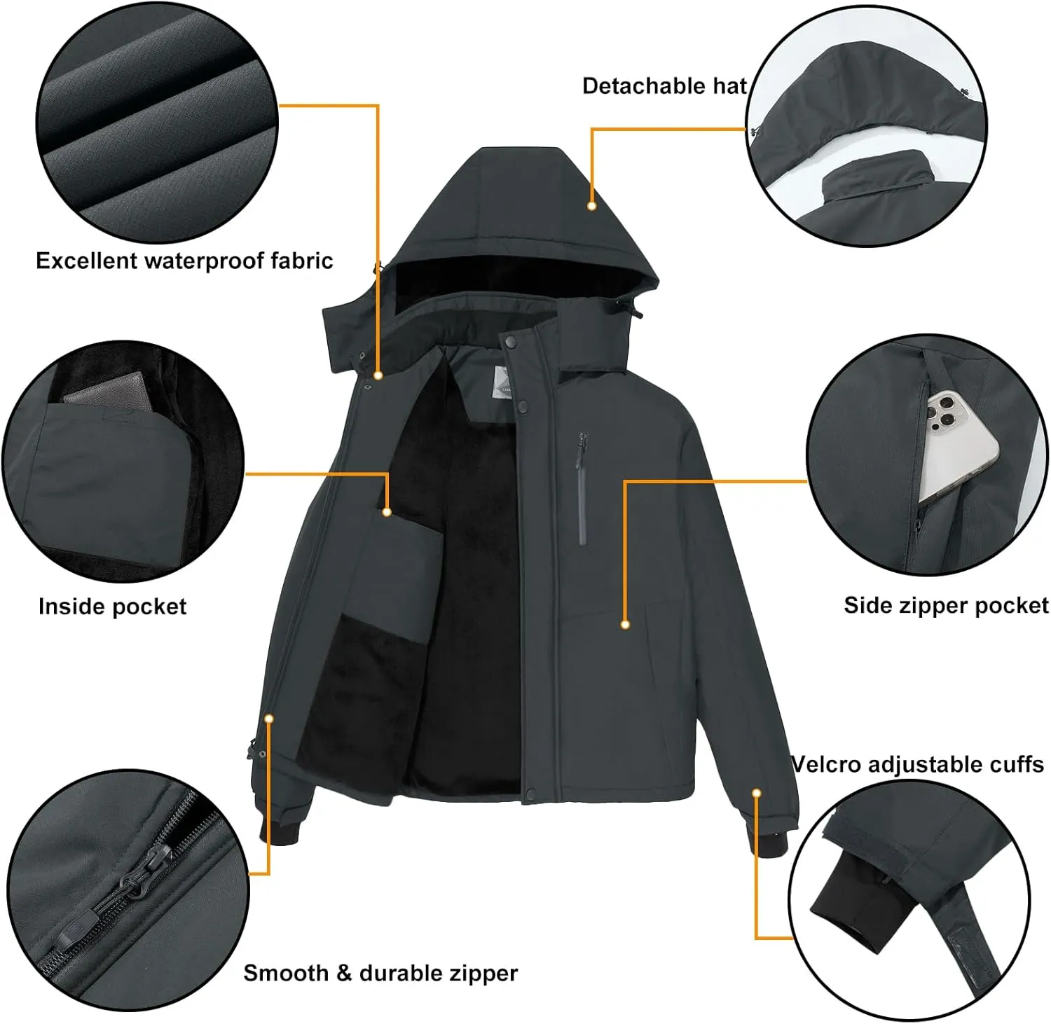 CAMEL CROWN Men's Mountain Snow Waterproof Ski Jacket Detachable Hood Windproof Fleece Parka Rain Jacket Winter Coat