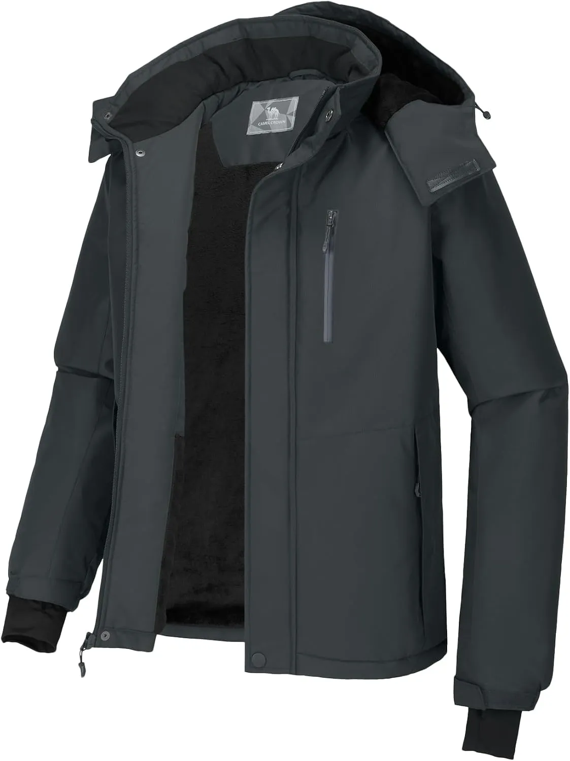 CAMEL CROWN Men's Mountain Snow Waterproof Ski Jacket Detachable Hood Windproof Fleece Parka Rain Jacket Winter Coat