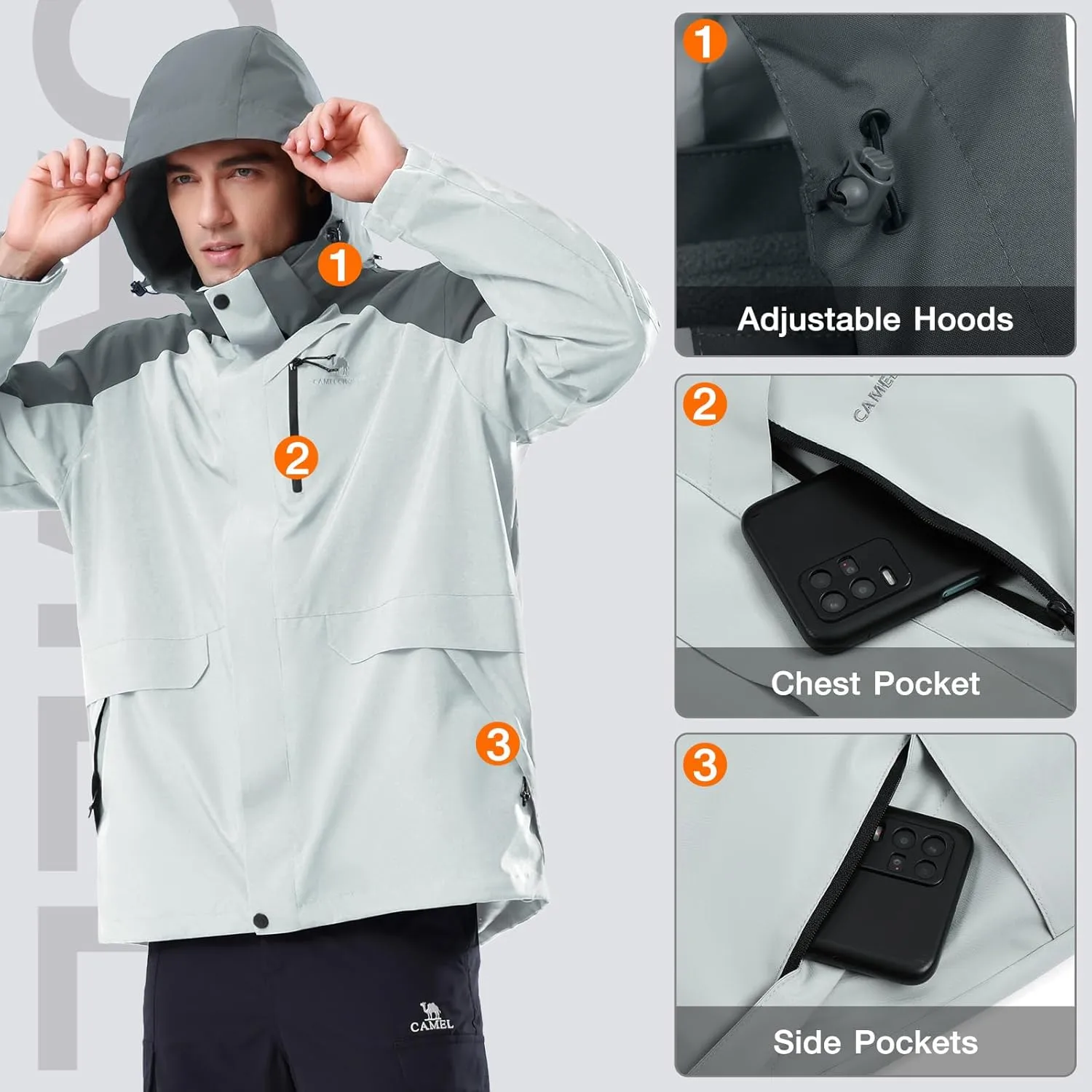 CAMEL CROWN Men’s Ski Jackets 3 in 1 Waterproof Winter Jackets Snow Jackets Windproof Hooded with Inner Fleece Coat