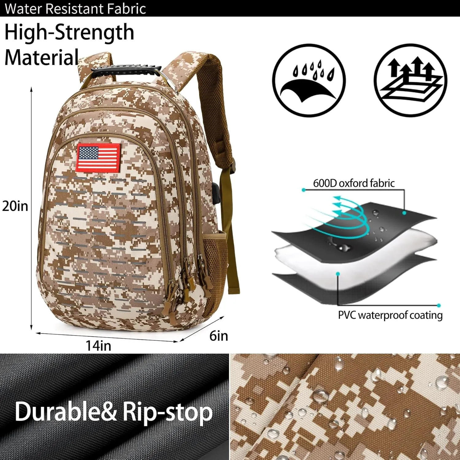 Camo Backpack,Small Tactical Backpack for outdoor,Military Teen Boys Backpacks for School with USB Charging Port,40L
