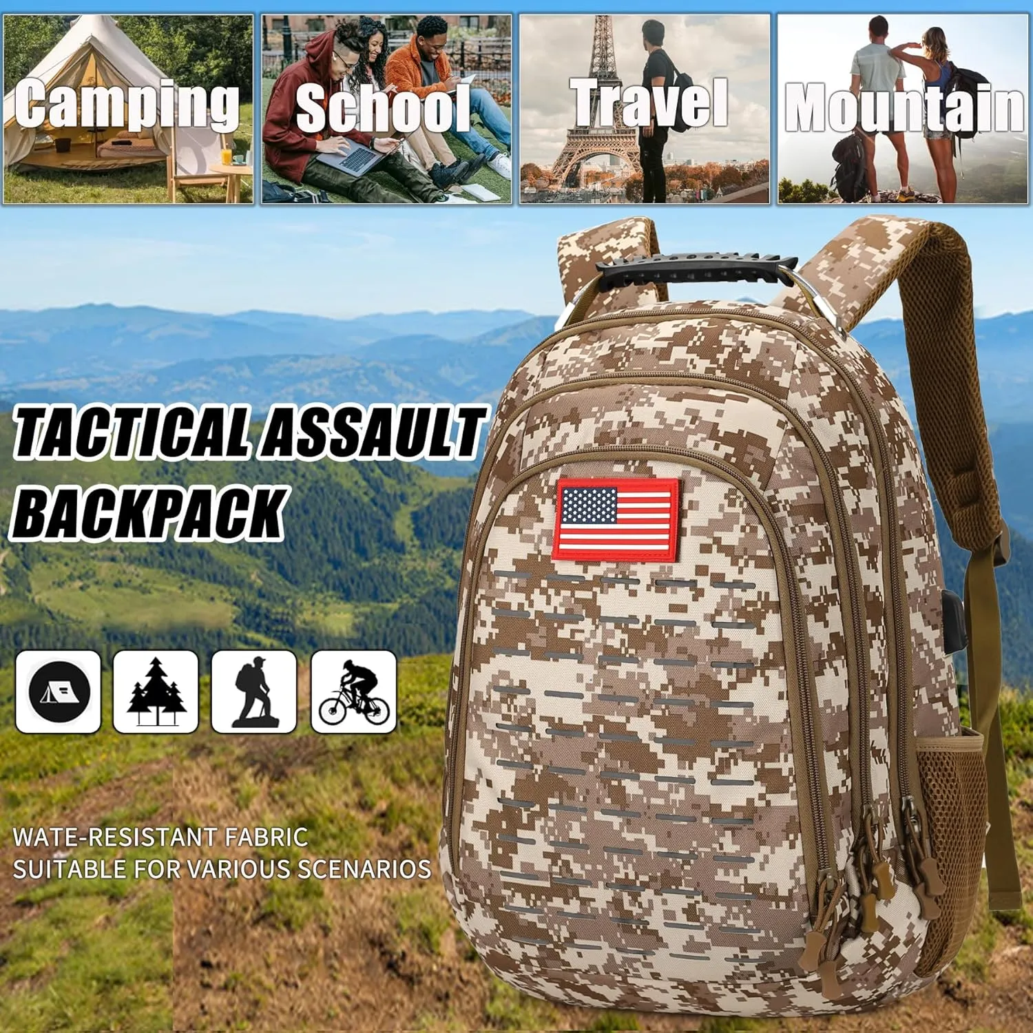 Camo Backpack,Small Tactical Backpack for outdoor,Military Teen Boys Backpacks for School with USB Charging Port,40L