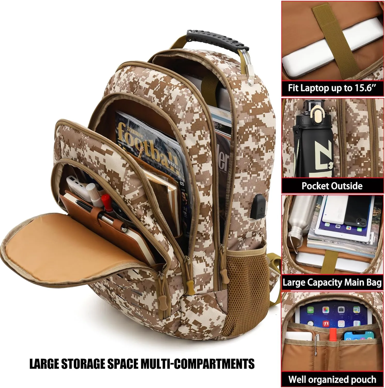 Camo Backpack,Small Tactical Backpack for outdoor,Military Teen Boys Backpacks for School with USB Charging Port,40L