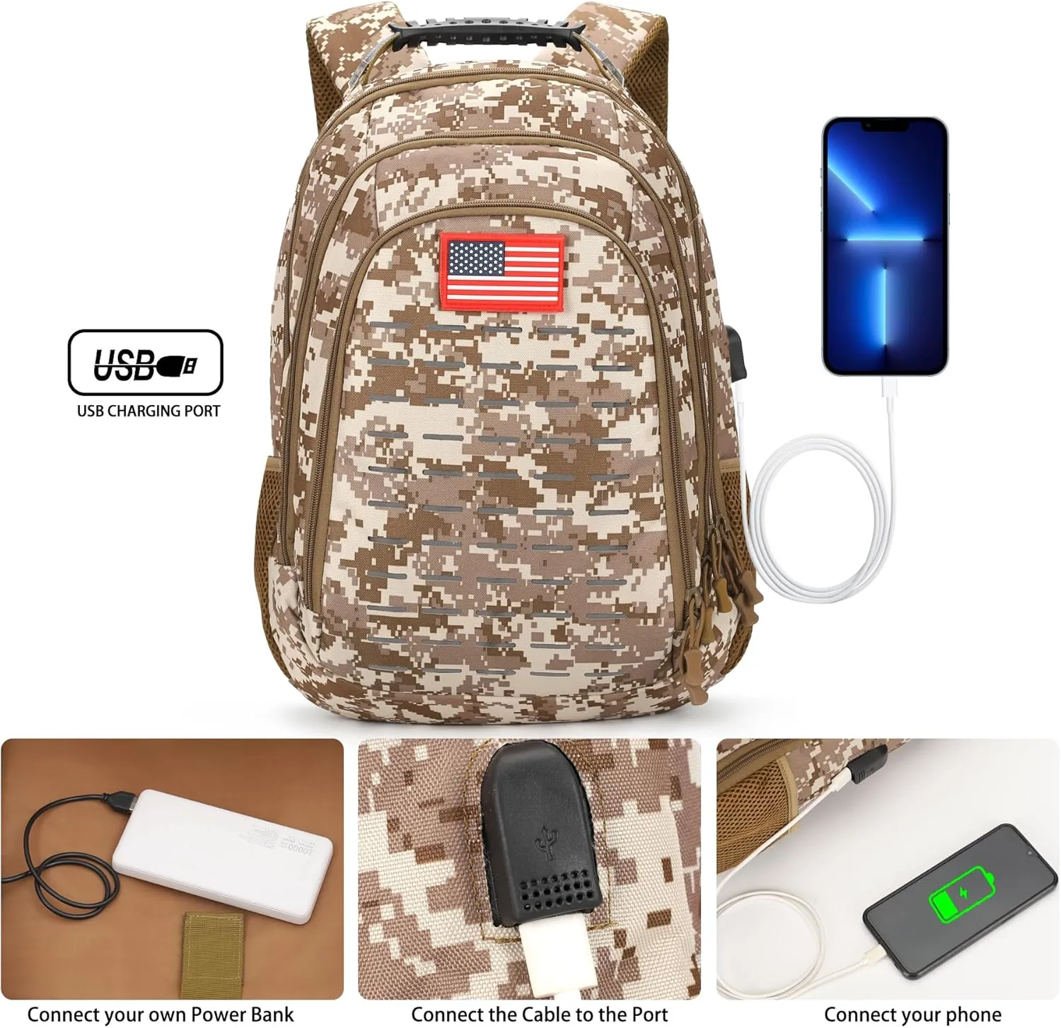 Camo Backpack,Small Tactical Backpack for outdoor,Military Teen Boys Backpacks for School with USB Charging Port,40L