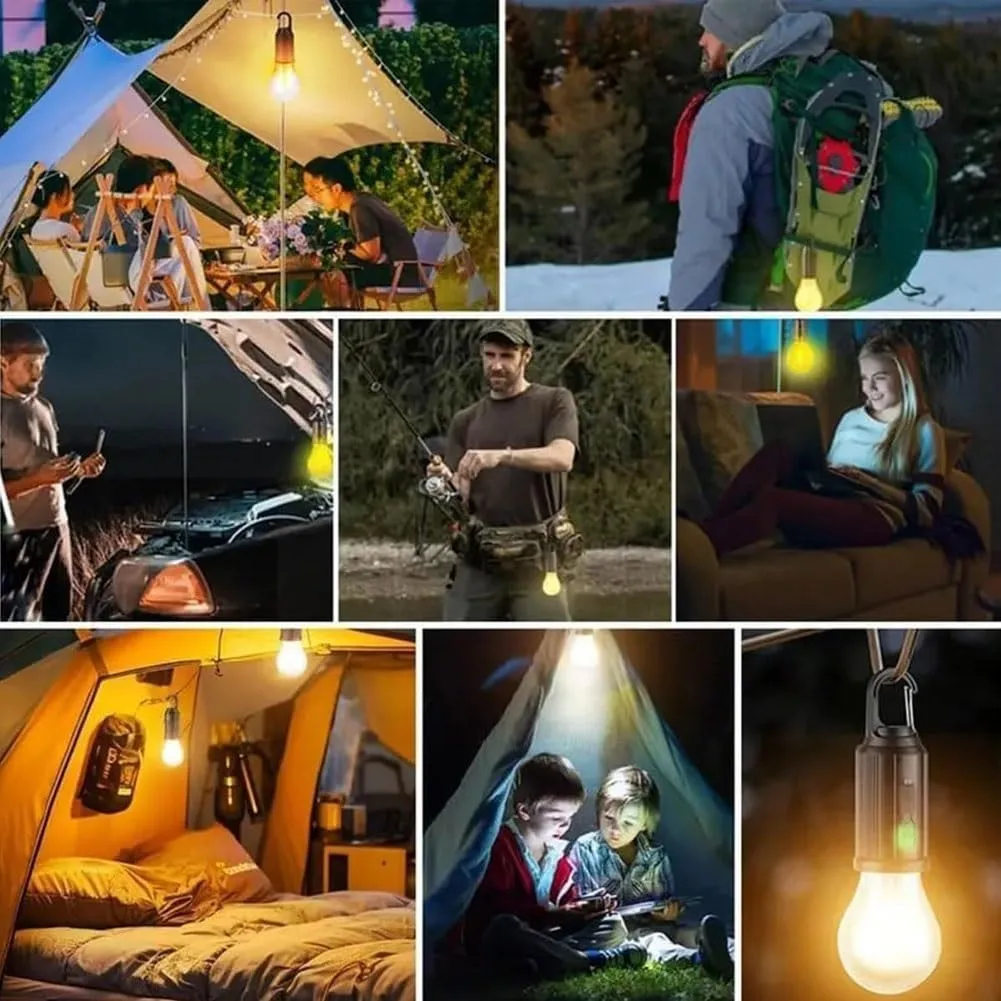 Camp Light Bulbs,Camp Bulb Pack,Solar Rechargeable Hooked Camping Light,Outdoor Household Tungsten Lights,Tent Lights Battery Powered with Clip Hook,for Hiking,Camping, Fishing(Spherical,4pcs)
