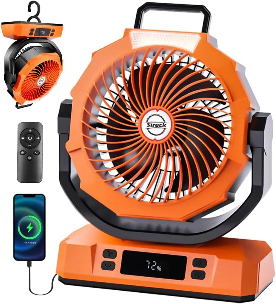 Camping Fan Rechargeable Portable Fan, 20000mAh Battery Powered Fan with LED Light, 6 Wind Speeds Cordless USB Desk Fan for Tent, Travel (Orange)