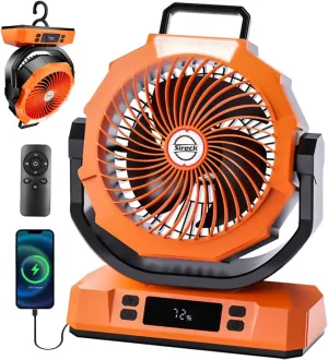 Camping Fan Rechargeable Portable Fan, 20000mAh Battery Powered Fan with LED Light, 6 Wind Speeds Cordless USB Desk Fan for Tent, Travel (Orange)