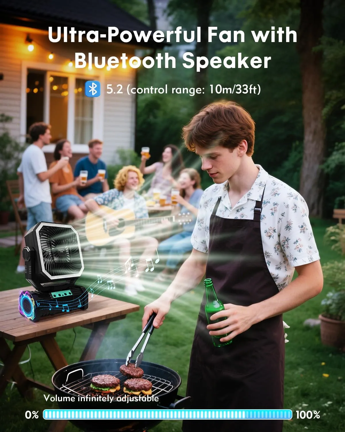 Camping Fan with Bluetooth Speaker Portable Fan,20000mAh Rechargeable Battery Powered Fans,Quiet 4-Speeds, 4-LED Light,360° Hanging Hook for Outdoor Picnic Tent Beach Travel Barbecue, Black